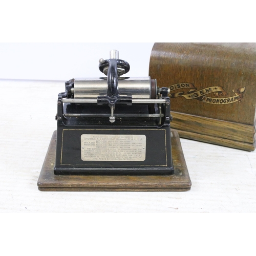 457 - Early 20th century Edison Gem Phonograph (lacking horn) in oak case, serial number G59565