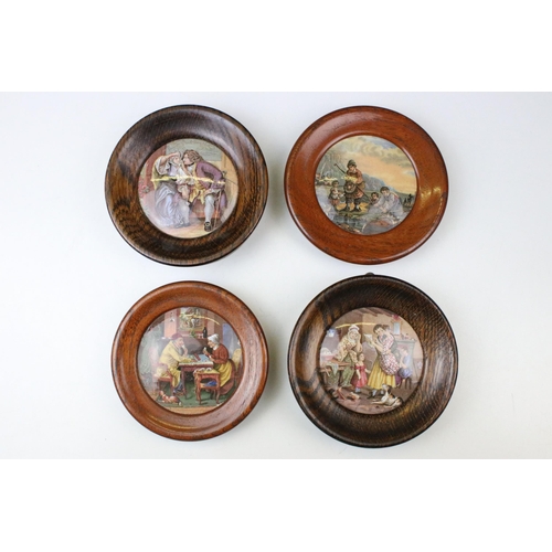 50 - Set of four Victorian Pratt-ware circular ceramic pot lids housed within wooden frames, approx. 15cm... 