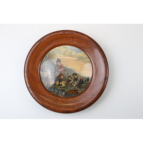 50 - Set of four Victorian Pratt-ware circular ceramic pot lids housed within wooden frames, approx. 15cm... 