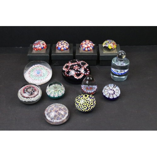 52 - Collection of thirteen millefiori design glass paperweights of mixed shapes and sizes