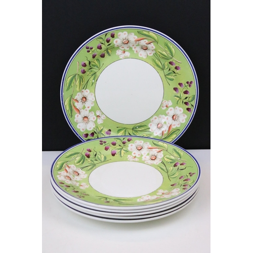 53 - Six Wedgwood green ground floral plates and six continental painted side plates, marked to base toge... 