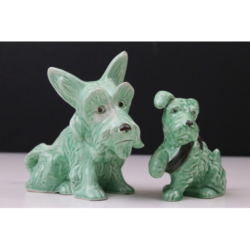 59 - Two Sylvac green dogs modelled as 1433 Dog with paw in sling and Scottie dog 1295