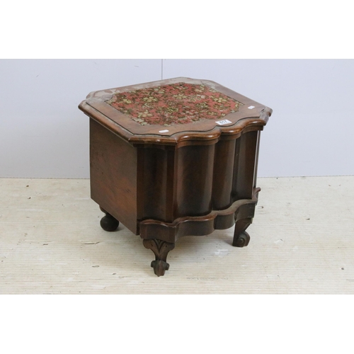 617 - Victorian mahogany commode, with hinged woolwork lid, pottery liner and lid within, the front shaped... 