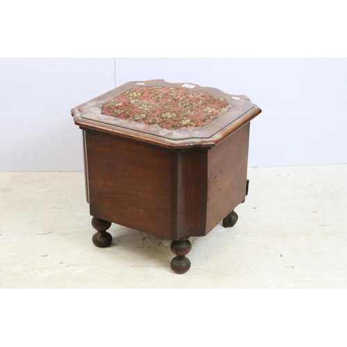 617 - Victorian mahogany commode, with hinged woolwork lid, pottery liner and lid within, the front shaped... 