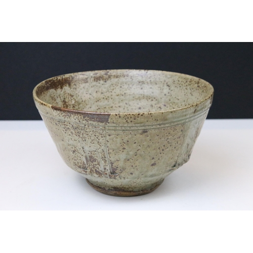 63 - Mike Dodd stoneware yunomi with foliate decoration, impressed mark to base, H 9cm together with six ... 