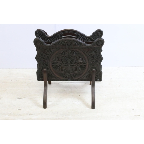 631 - 19th century mahogany adjustable wool winder with carved scroll detail, H 113cm together with a dark... 