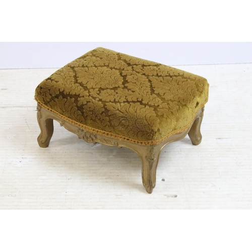 637 - 20th century upholstered foot rest stool with carved wood cabriole leg base in painted gold, H 20cm,... 