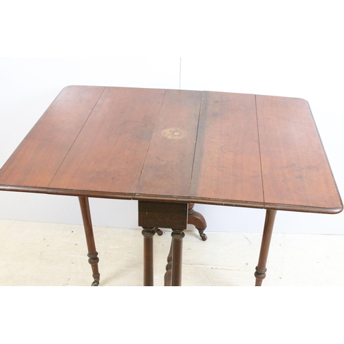 638 - Mahogany folding gateleg table on original casters with twin flaps, H 72cm