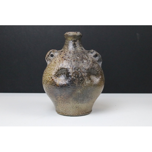 64 - Tim Hurn wood fired salt glazed costrel with repeated decoration, impressed mark to base with anothe... 