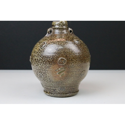 64 - Tim Hurn wood fired salt glazed costrel with repeated decoration, impressed mark to base with anothe... 