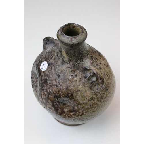 64 - Tim Hurn wood fired salt glazed costrel with repeated decoration, impressed mark to base with anothe... 