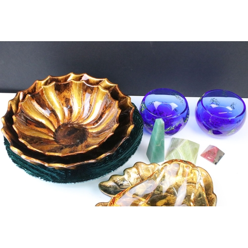 76 - Pair of Caithness 'Starry Night' bowls, together with two red bubble glass dishes, Murano style blow... 