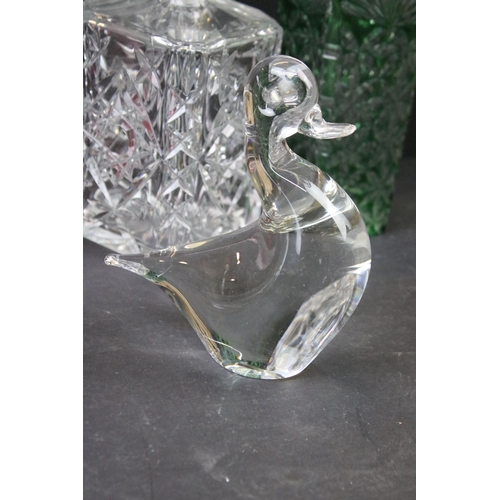 80 - Selection of glass to include a clear cut glass decanter, Stuart crystal etched vase, green glass de... 