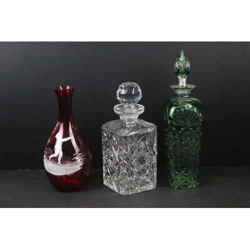 80 - Selection of glass to include a clear cut glass decanter, Stuart crystal etched vase, green glass de... 