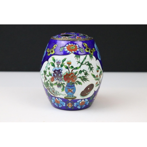 9 - Chinese cloisonné tea caddy and cover of barrel form decorated with butterflies, flowers and vases o... 