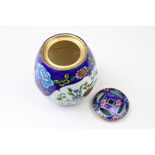 9 - Chinese cloisonné tea caddy and cover of barrel form decorated with butterflies, flowers and vases o... 