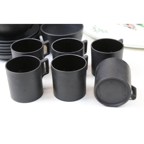 90 - Wedgwood black basalt coffee set comprising of coffee pot, six cups and saucers, sugar bowl and milk... 