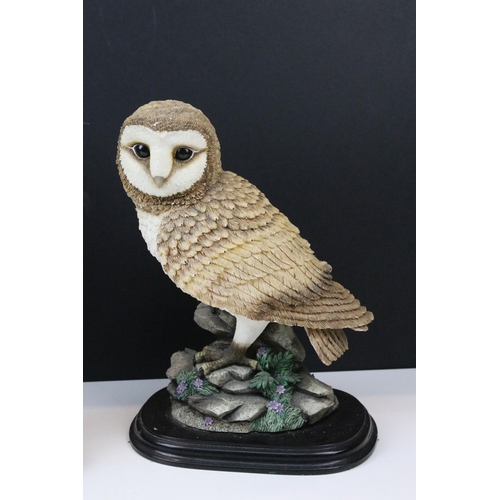 91 - Four owl figurines to include Beswick number 1046 an owl teapot and two resin cat figures