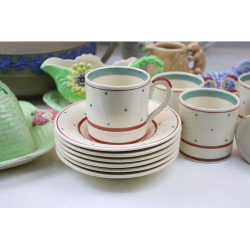 95 - Royal Doulton Lambeth tobacco jar and lidded pouring jug together with a Wedgwood Jasperware teapot,... 