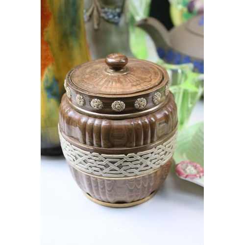 95 - Royal Doulton Lambeth tobacco jar and lidded pouring jug together with a Wedgwood Jasperware teapot,... 