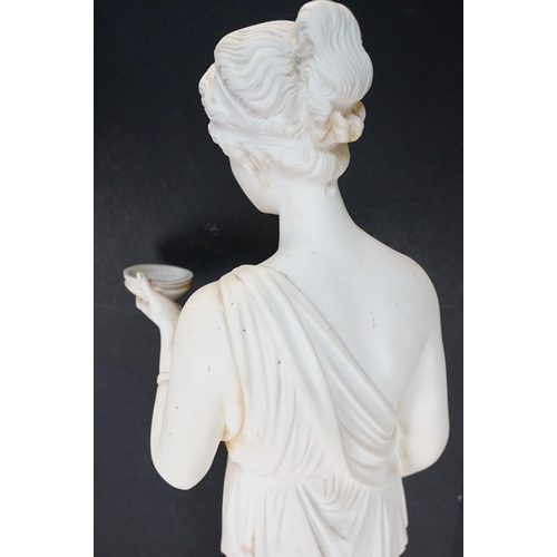 106 - Hebe goddess of youth alabaster statue stood on circular plinth, H 85cm