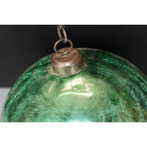 141 - Early 20th Century green glass witches ball large bauble with white metal hanging ring to the top. M... 