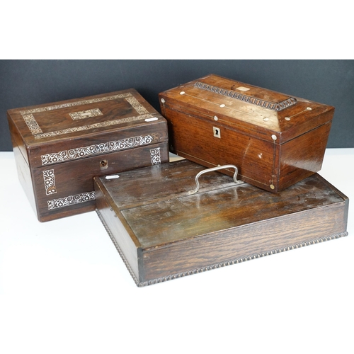 148 - Collection of 19th and early 20th Century wooden boxes to include a rosewood sarcophagus box inlaid ... 