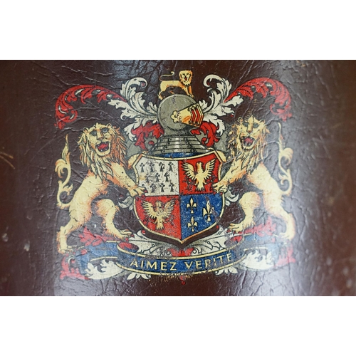 151 - Reproduction cordite bucket coal scuttle having a leather case with printed coat of arms to the fron... 