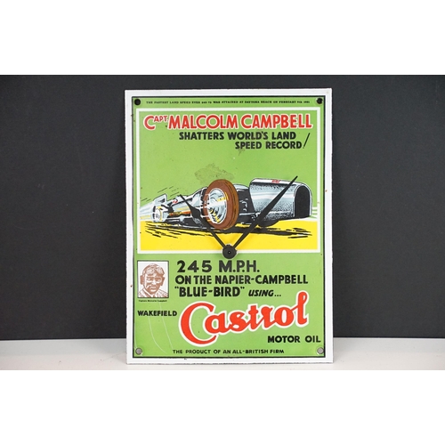 152 - Castrol motor oil enamel sign wall clock with quartz clock movement. Measures 25 x 19cm.