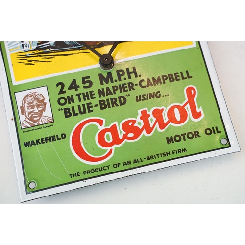 152 - Castrol motor oil enamel sign wall clock with quartz clock movement. Measures 25 x 19cm.