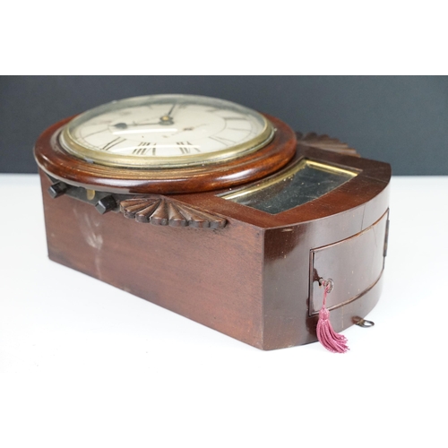 153 - 19th Century drop dial fusee movement wall clock having a mahogany case with white enamelled dial wi... 