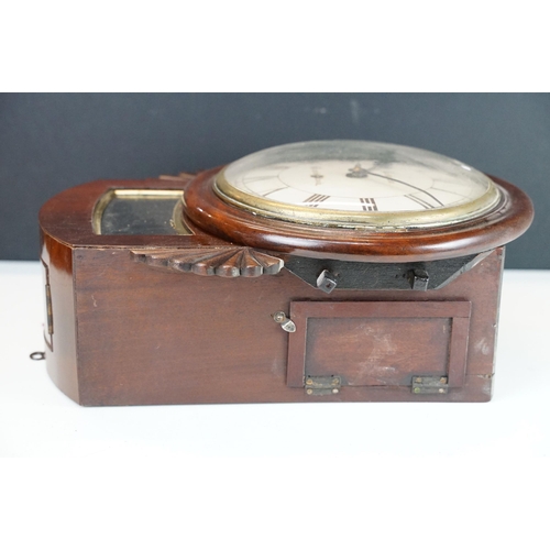 153 - 19th Century drop dial fusee movement wall clock having a mahogany case with white enamelled dial wi... 