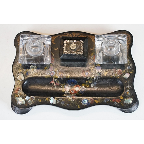 157 - 19th Century Victorian paper mache lacquered ink stand having hand painted floral details and mother... 