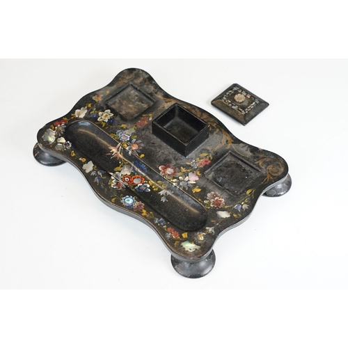 157 - 19th Century Victorian paper mache lacquered ink stand having hand painted floral details and mother... 