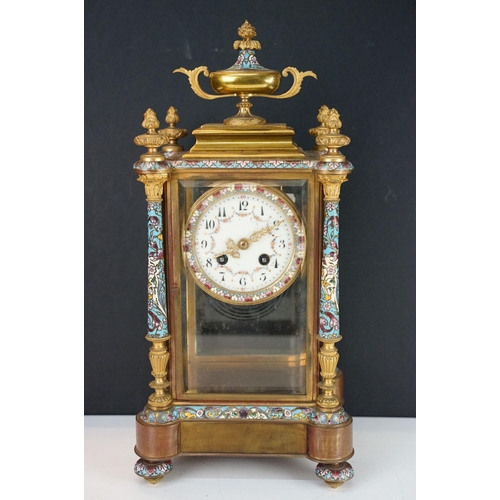 159 - Late 19th Century French glass cased mantle clock having cloisonne enamelled columns and outer dial,... 