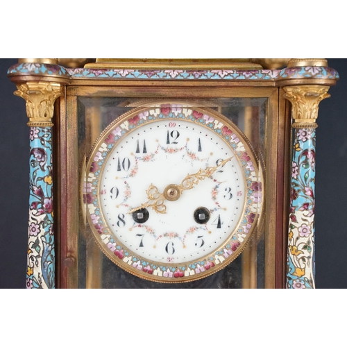 159 - Late 19th Century French glass cased mantle clock having cloisonne enamelled columns and outer dial,... 