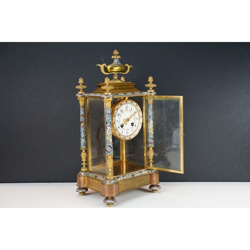 159 - Late 19th Century French glass cased mantle clock having cloisonne enamelled columns and outer dial,... 