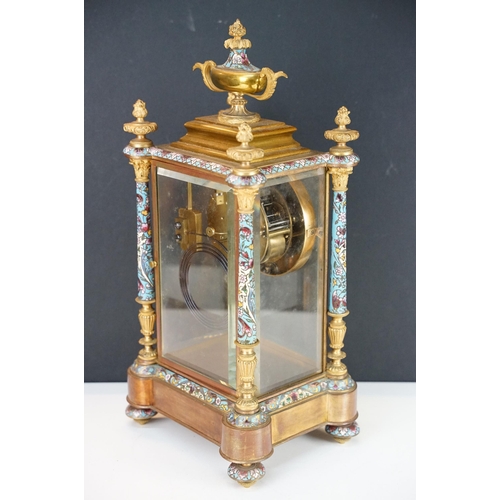 159 - Late 19th Century French glass cased mantle clock having cloisonne enamelled columns and outer dial,... 