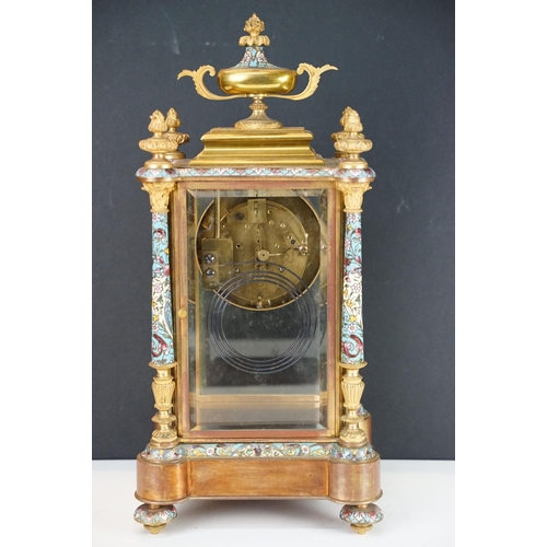 159 - Late 19th Century French glass cased mantle clock having cloisonne enamelled columns and outer dial,... 