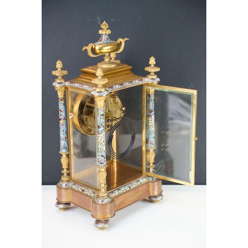 159 - Late 19th Century French glass cased mantle clock having cloisonne enamelled columns and outer dial,... 