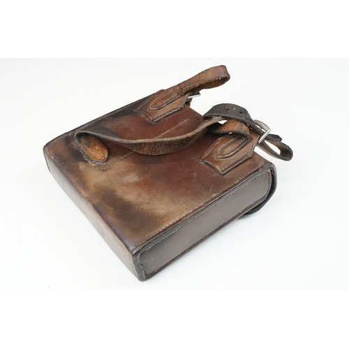 193 - Early 20th century James Dixon leather cased hunting picnic set comprising a silver plated sandwich ... 