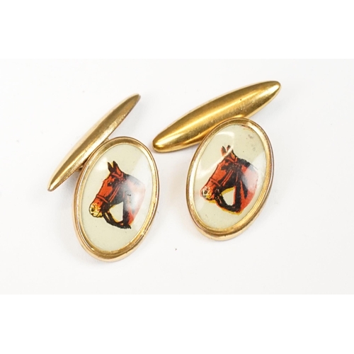 195 - Pair of vintage gilt metal cufflinks with horse head decoration