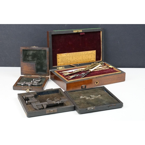 206 - A collection of cased technical draughtsmen / engineer tools to include two Benson Veriniers.