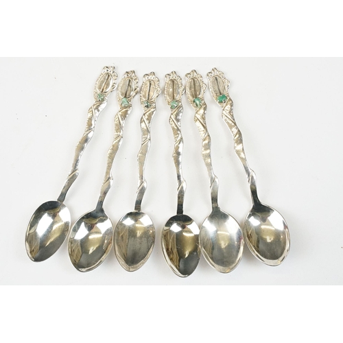 207 - Set of six silver 900 grade teaspoons, each with a wavy handle set with a jade stone