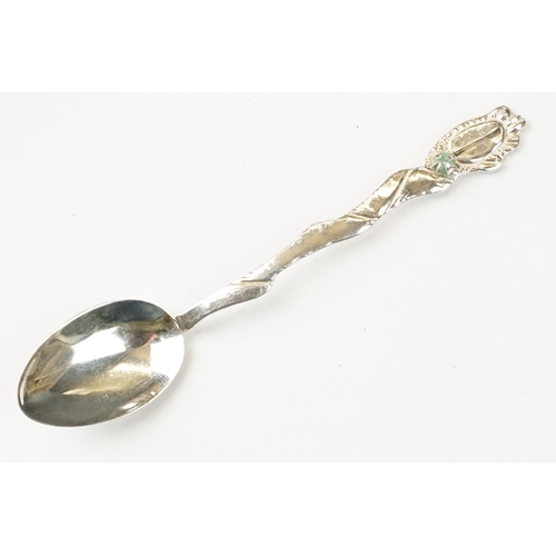 207 - Set of six silver 900 grade teaspoons, each with a wavy handle set with a jade stone