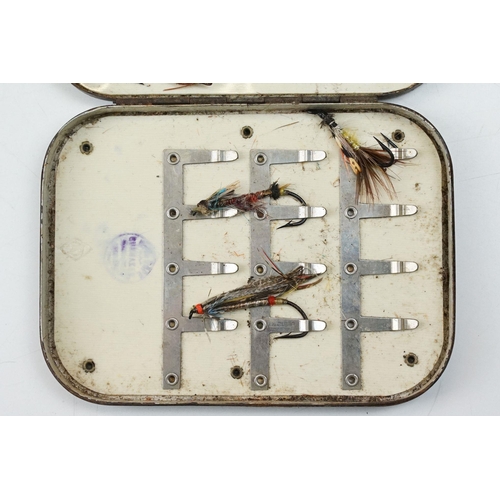 211A - A vintage alloy 47 clip fly box with makers monogram and retailers mark, 
approx 12cm, another simil... 