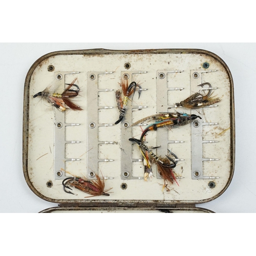 211A - A vintage alloy 47 clip fly box with makers monogram and retailers mark, 
approx 12cm, another simil... 