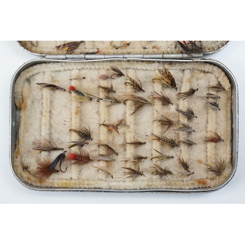 211A - A vintage alloy 47 clip fly box with makers monogram and retailers mark, 
approx 12cm, another simil... 