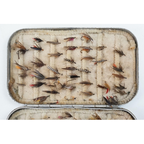 211A - A vintage alloy 47 clip fly box with makers monogram and retailers mark, 
approx 12cm, another simil... 