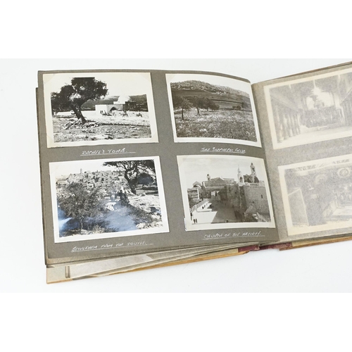 212 - A mid 20th century Israel olive wood photograph album with depiction of the Citadel in Jerusalem to ... 